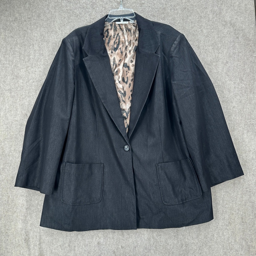 Susan Graver Womens 3X Iridescent Black One Button Leopard Lining Blazer Jacket